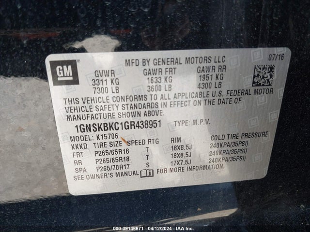 Chevrolet Tahoe Lt 2016 1GNSKBKC1GR438951 Image 9