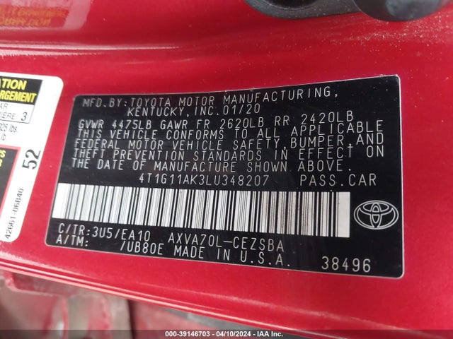 Toyota CAMRY SE 2020 4T1G11AK3LU348207 Image 9