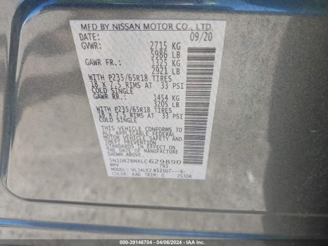 5N1DR2BNXLC629890 Nissan Pathfinder Sv 2wd