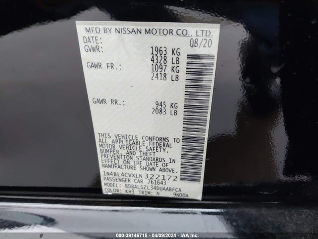 2020 Nissan Altima Sr Fwd მანქანა იყიდება აუქციონზე, vin: 1N4BL4CVXLN322172, აუქციონის ნომერი: 39146715