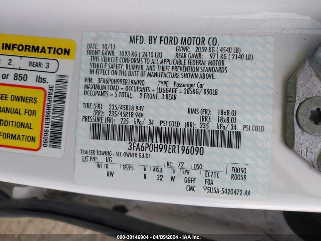 Ford FUSION SE 2014 3FA6P0H99ER196090 Image 9