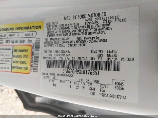 Ford FUSION SE 2014 3FA6P0H9XER176351 Image 9