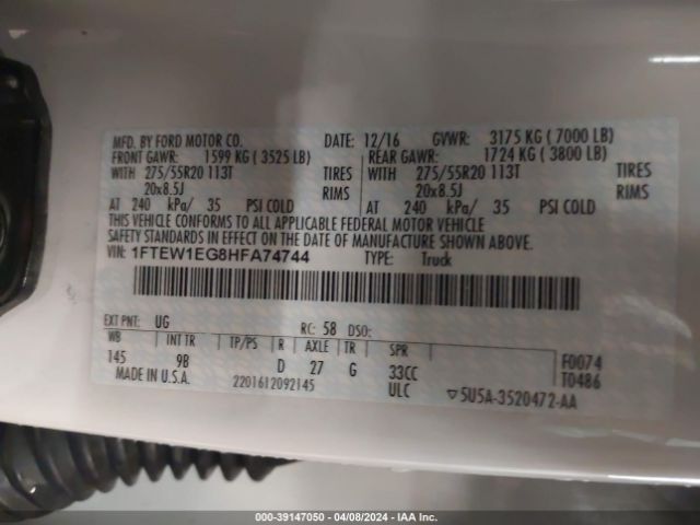 1FTEW1EG8HFA74744 Ford F-150 Platinum