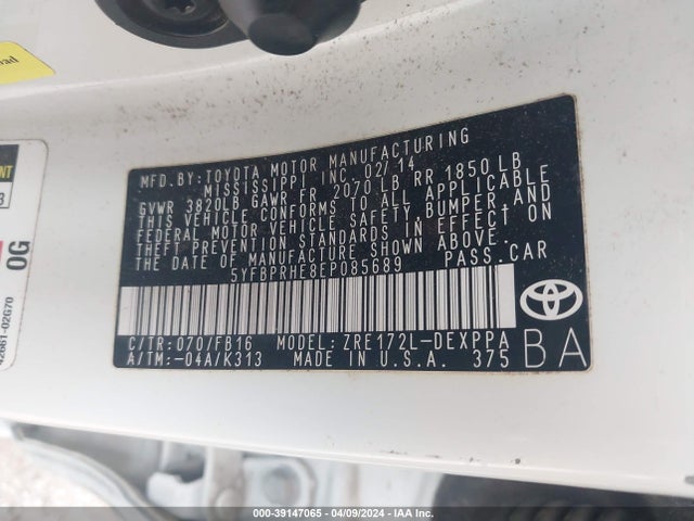 Toyota Corolla Le Eco Plus 2014 5YFBPRHE8EP085689 Image 9