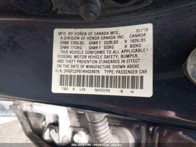 Honda Civic Lx 2019 2HGFC2F61KH524976 Image 9