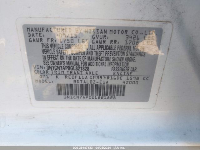 3N1CN7AP0GL821828 Nissan Versa 1.6 S/1.6 S+/1.6 Sl/1.6 Sv