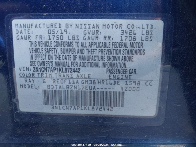 Nissan Versa 1.6 Sv 2019 3N1CN7AP1KL872442 Image 9