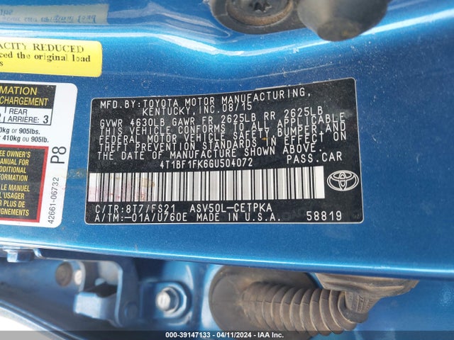 Toyota CAMRY SE 2016 4T1BF1FK6GU504072 Image 9