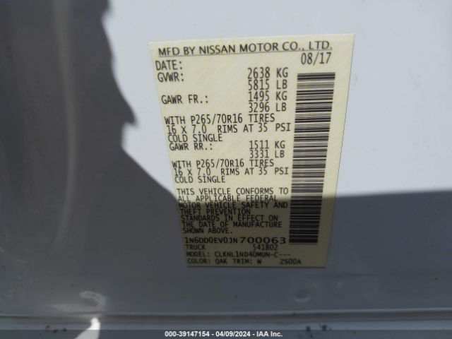 1N6DD0EV0JN700063 Nissan FRONTIER S