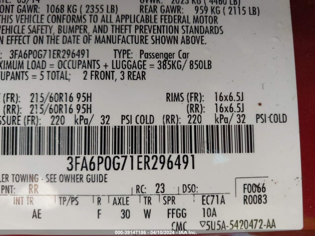 Ford FUSION S 2014 3FA6P0G71ER296491 Image 9