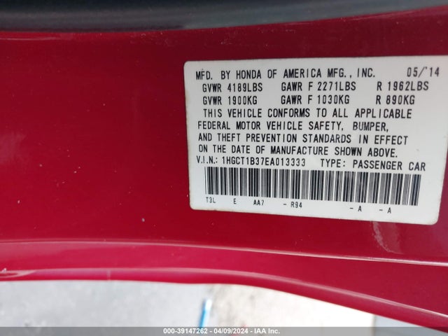 Honda Accord Lx-s 2014 1HGCT1B37EA013333 Image 9