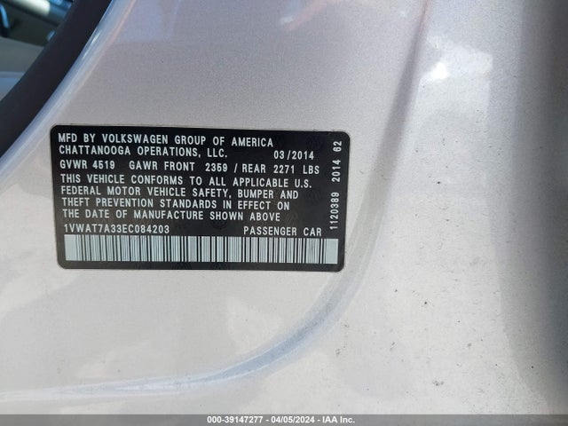 1VWAT7A33EC084203 Volkswagen Passat 1.8t S