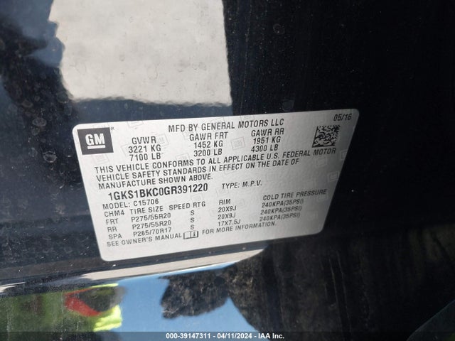 1GKS1BKC0GR391220 GMC YUKON SLT