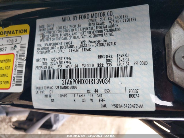 Ford FUSION SE 2017 3FA6P0HDXHR139034 Image 9