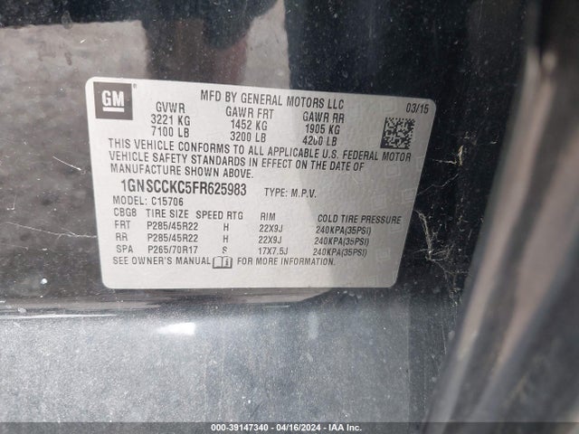 Chevrolet Tahoe Ltz 2015 1GNSCCKC5FR625983 Image 9