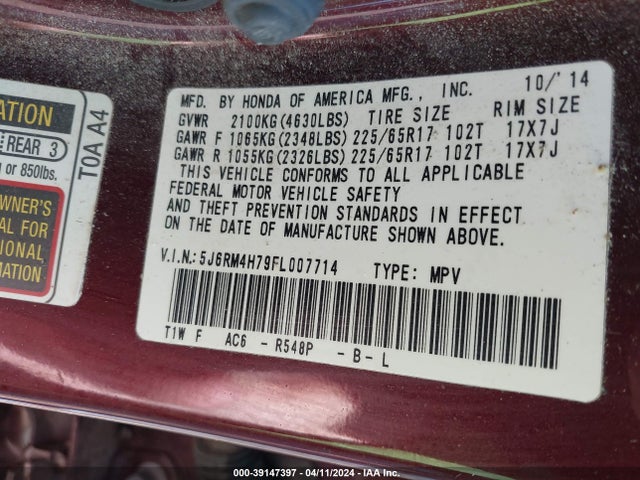 Honda Cr-v Ex-l 2015 5J6RM4H79FL007714 Image 9