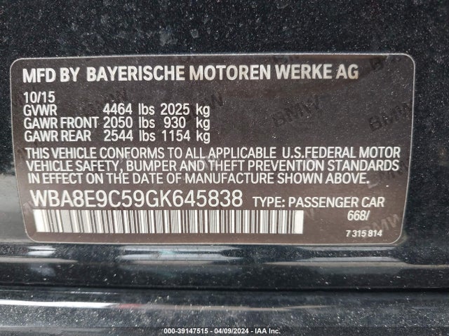 BMW 328I 2016 WBA8E9C59GK645838 Image 9