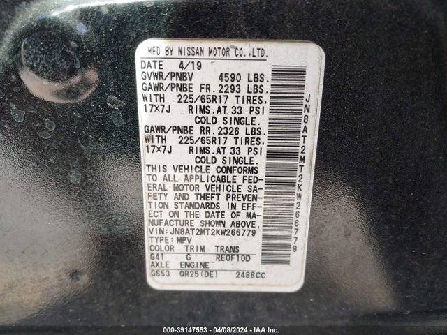 Nissan ROGUE S 2019 JN8AT2MT2KW266779 Image 9