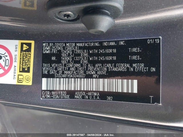 Toyota Highlander Le 2019 5TDZARFH5KS046607 Image 9
