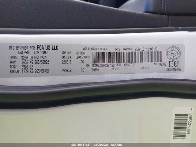Dodge DURANGO LIMITED 2015 1C4RDJDG6FC837139 Image 9