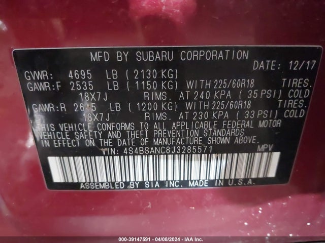 Subaru Outback 2.5i Limited 2018 4S4BSANC8J3285571 Image 9