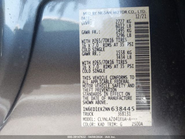 2022 NISSAN FRONTIER 1N6ED1EK2NN638445 Photo 8