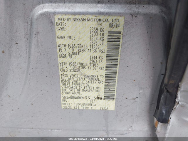 Nissan XTERRA X 2015 5N1AN0NU0FN651542 Image 9