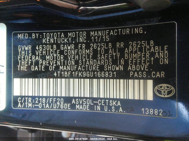 Toyota CAMRY SE 2016 4T1BF1FK9GU166831 Image 9