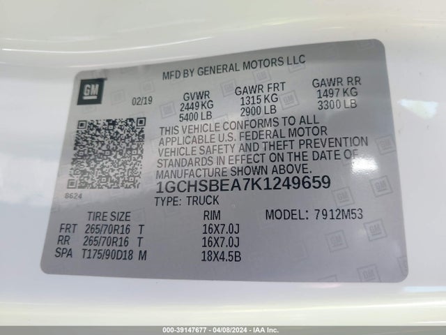 Chevrolet Colorado Wt 2019 1GCHSBEA7K1249659 Image 9