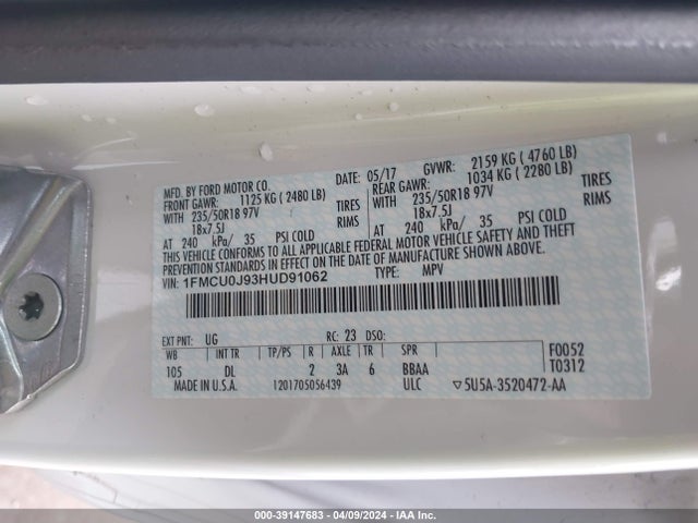 Ford Escape Titanium 2017 1FMCU0J93HUD91062 Image 9