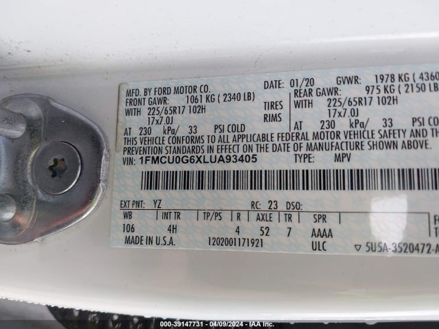 Ford ESCAPE SE 2020 1FMCU0G6XLUA93405 Image 9
