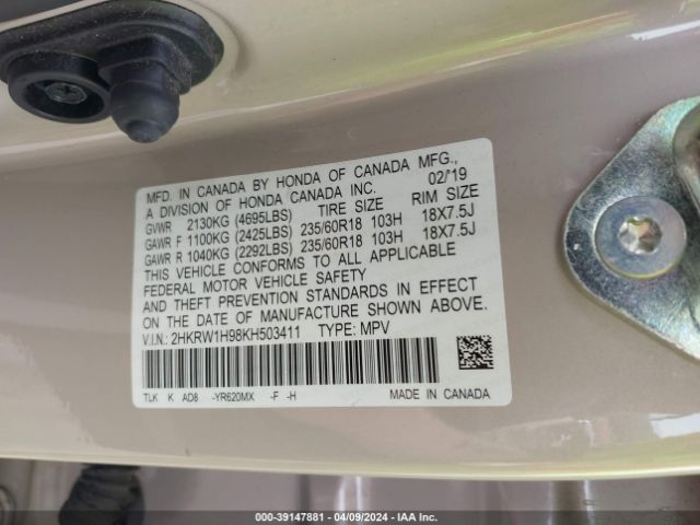 2HKRW1H98KH503411 Honda Cr-v Touring