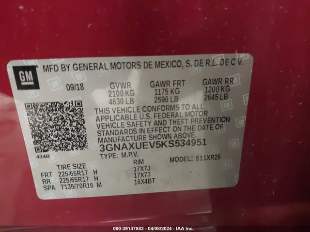 Chevrolet EQUINOX LT 2019 3GNAXUEV5KS534951 Image 9