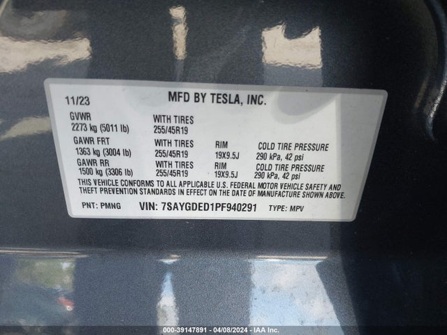 2023 TESLA MODEL Y RWD VIN: 7SAYGDED1PF940291