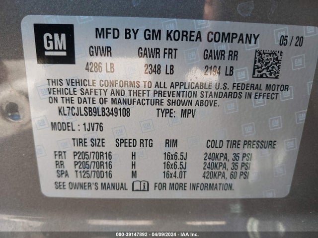 Chevrolet Trax Fwd Lt 2020 KL7CJLSB9LB349108 Image 9