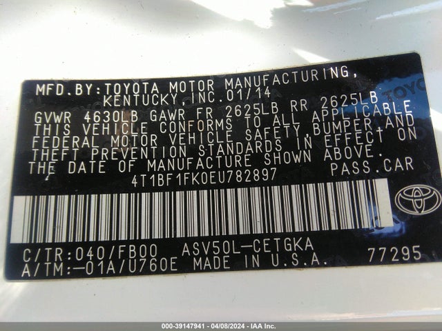 Toyota CAMRY XLE 2014 4T1BF1FK0EU782897 Image 9