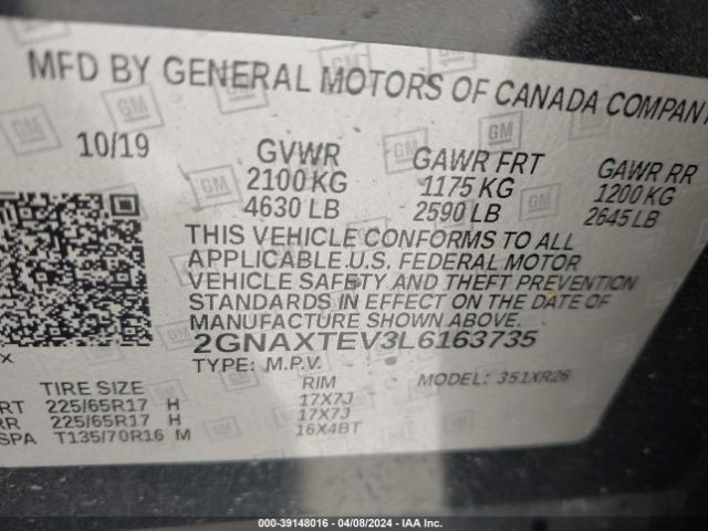 2GNAXTEV3L6163735 Chevrolet Equinox Awd 2fl