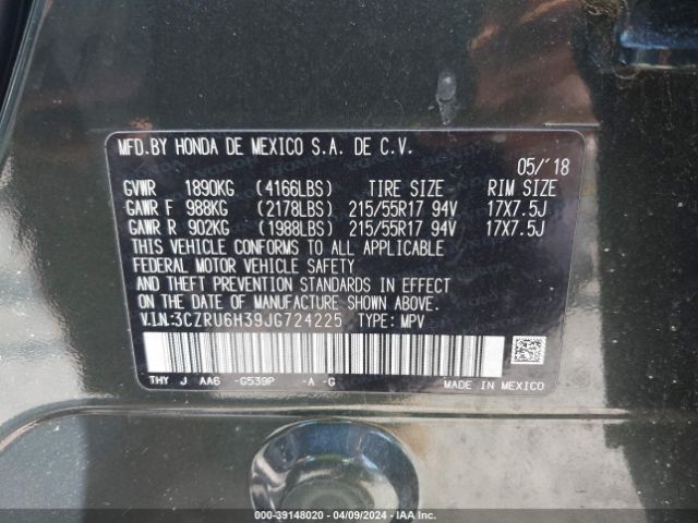 3CZRU6H39JG724225 Honda HR-V LX