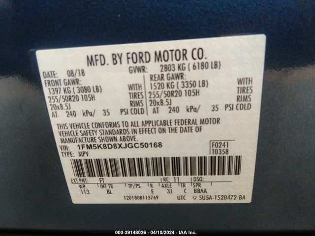 Ford EXPLORER XLT 2018 1FM5K8D8XJGC50168 Image 9