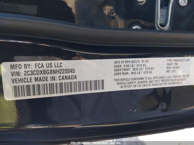 2C3CDXBG8NH220045 Dodge Charger Sxt Rwd