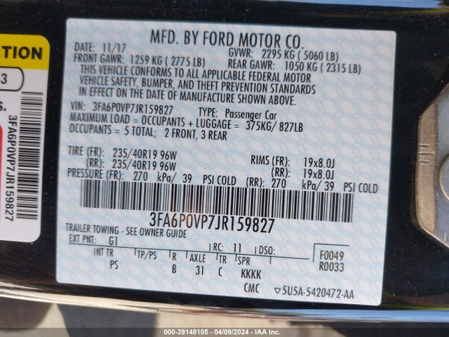 3FA6P0VP7JR159827 Ford Fusion Sport
