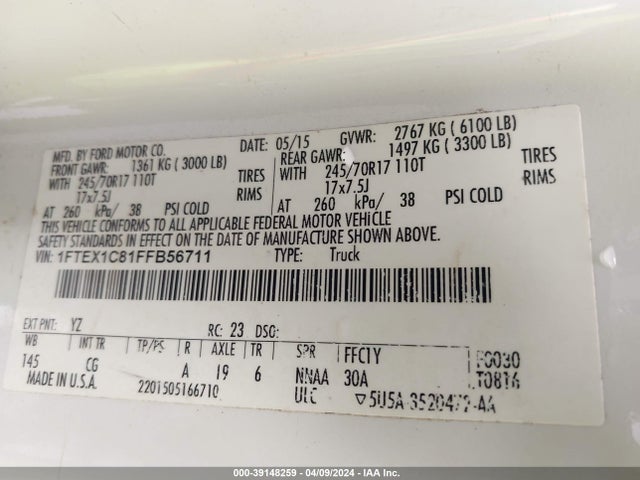 Ford F-150 Xl 2015 1FTEX1C81FFB56711 Image 9