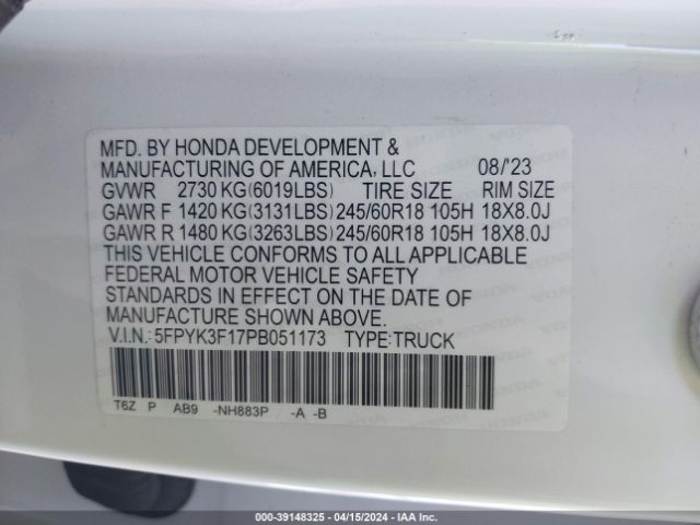 5FPYK3F17PB051173 Honda Ridgeline Sport