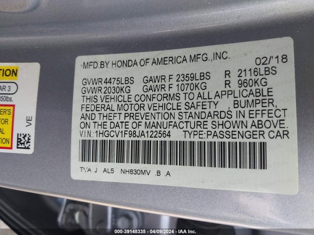 Honda Accord Touring 2018 1HGCV1F98JA122564 Image 9