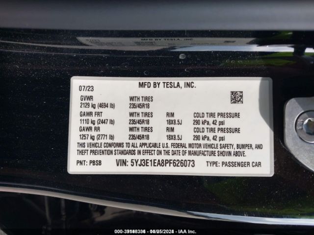 5YJ3E1EA8PF626073 Tesla Model 3 Rear-wheel Drive