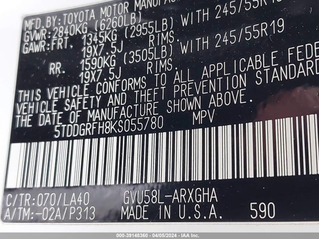 Toyota Highlander Hybrid Limited Platinum 2019 5TDDGRFH8KS055780 Image 9