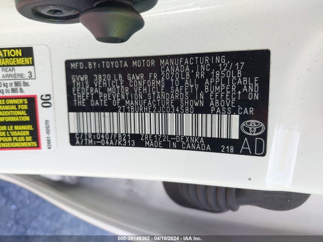 Toyota COROLLA LE 2018 2T1BURHE2JC034580 Image 9