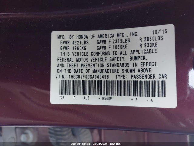 Honda ACCORD EX 2016 1HGCR2F00GA049498 Image 9