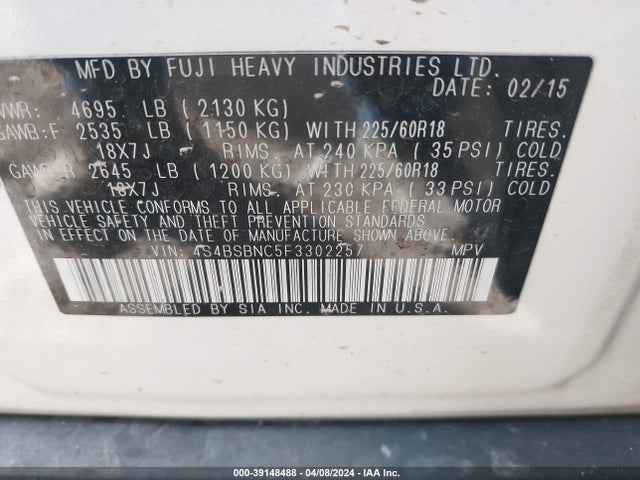 Subaru Outback 2.5i Limited 2015 4S4BSBNC5F3302257 Image 9