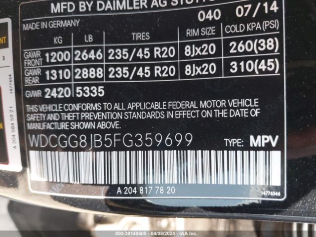 WDCGG8JB5FG359699 Mercedes-Benz Glk 350 4matic